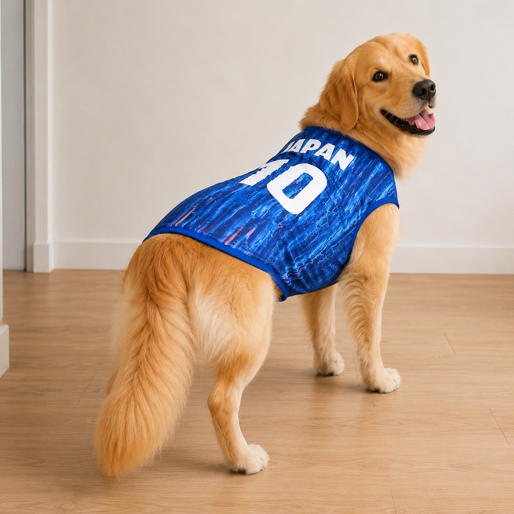 Japan Matchday Dog Kit on a golden retriever