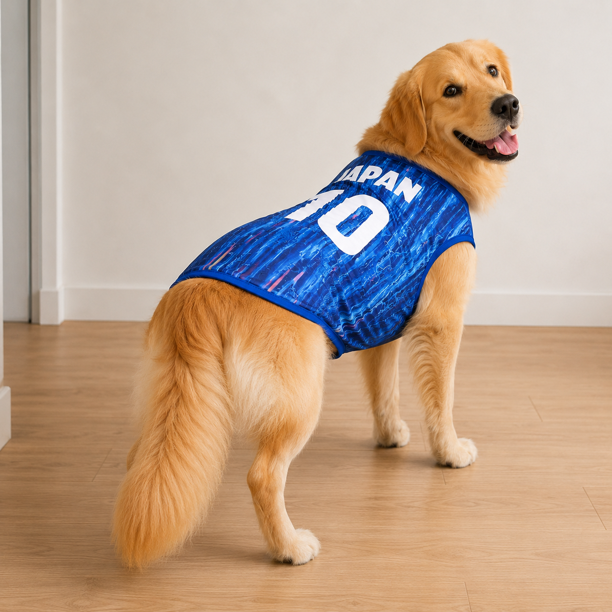 Japan Matchday Dog Kit on a golden retriever