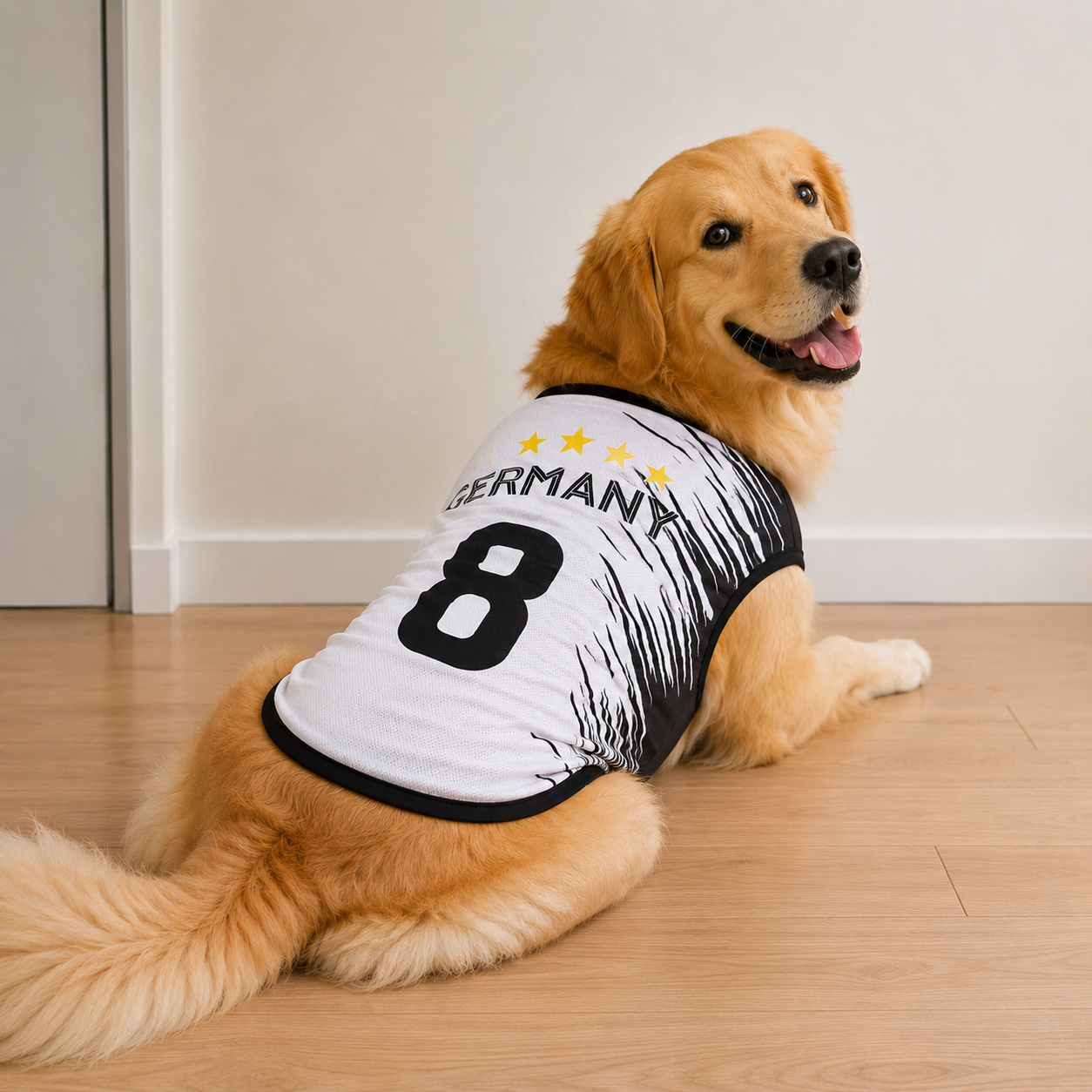Germany Matchday Dog Kit on a golden retriever