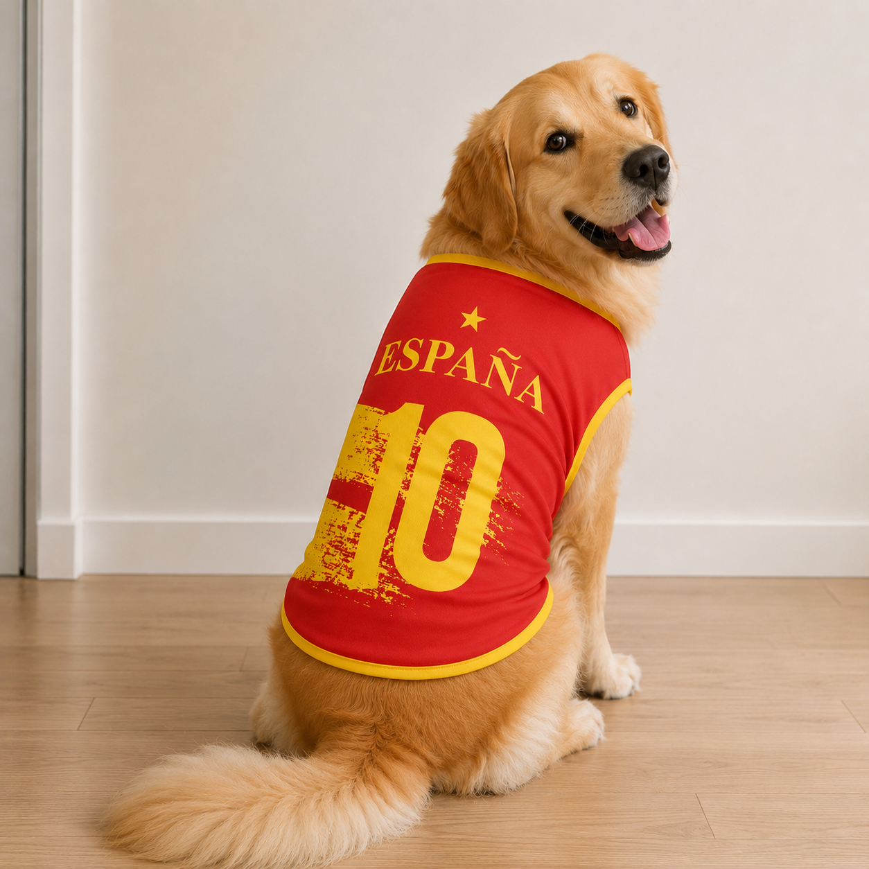 Spain Matchday Dog Kit on a golden retriever